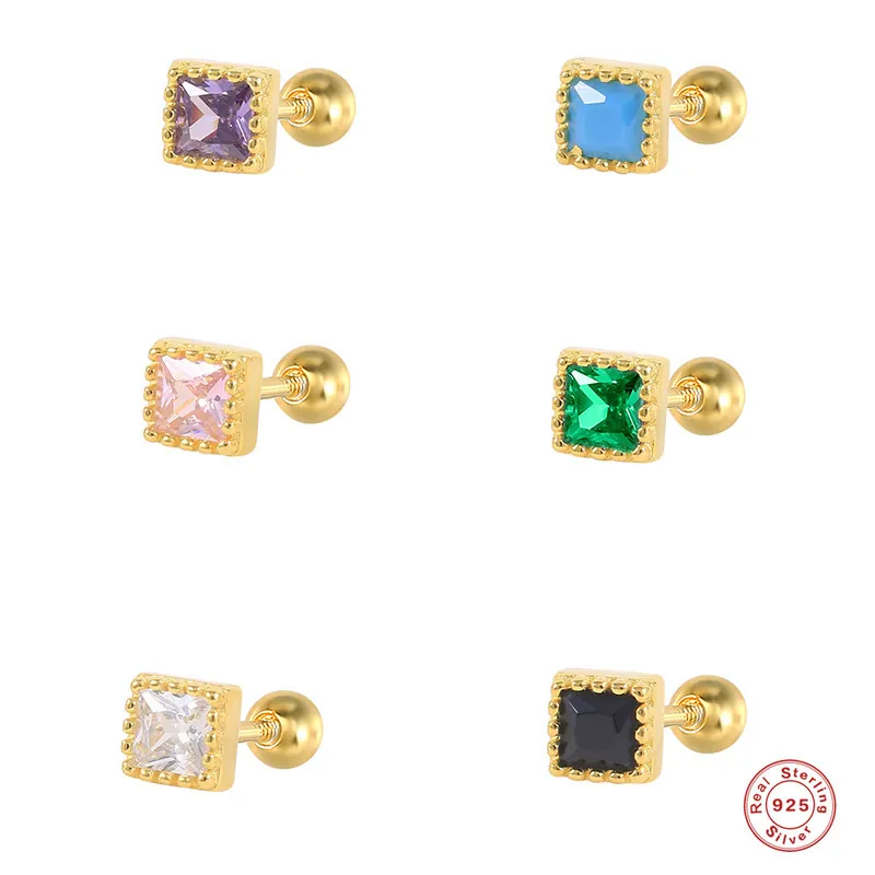 925 Sterling Silver Square Zirconia Stud Earrings For Women Gold Plated Geometric Threaded Piercing Earrings Vintage Jewelry