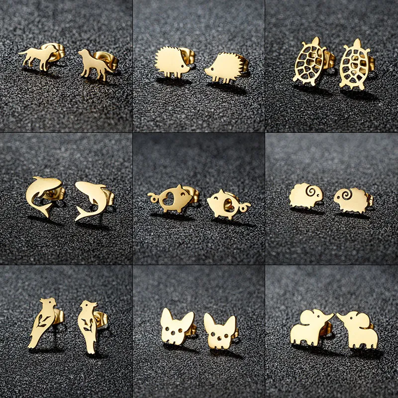 Cute Animal Stud Earrings Stainless Steel Elephant Dog Dolphin Pig Hedgehog Sheep Bird Fashion Jewelry For Women