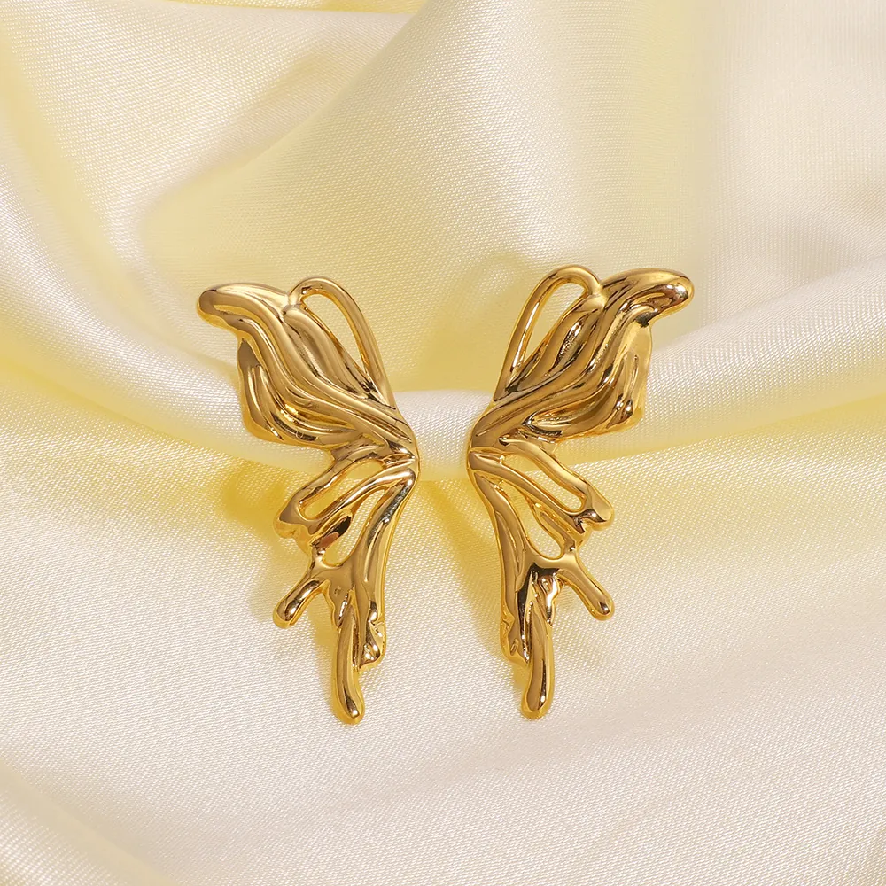 Stainless Steel Butterfly Wing Stud Earrings 18K Gold Plated Liquid Metal Molten Gold Style Niche Design For Women