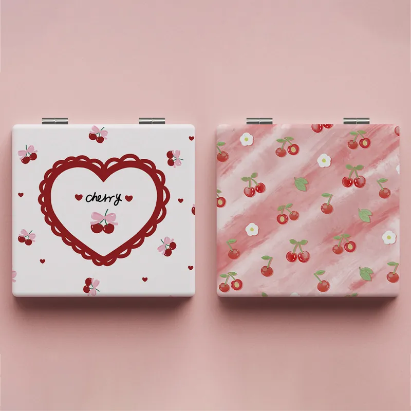 Compact Mirror Cute Cherry Pattern Folding Double Sided Portable Makeup Vanity Tool For Women Girls Students