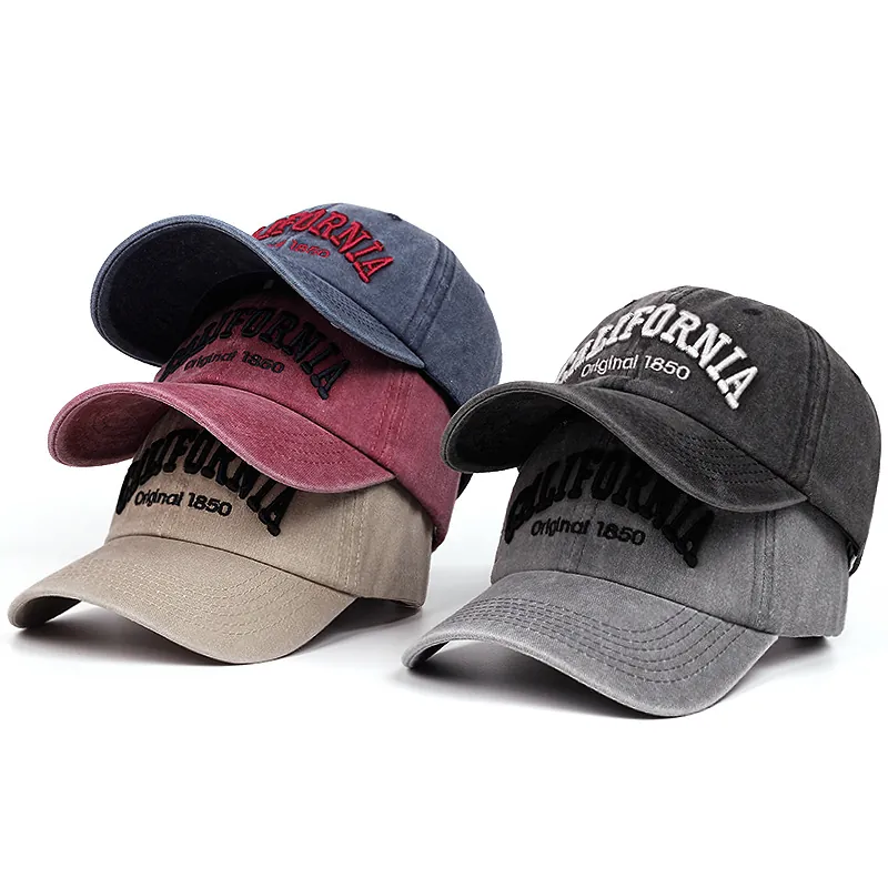California Washed Cotton Baseball Cap Distressed 3D Embroidery Original 1850 Adjustable Outdoor Sport Hat For Men Women