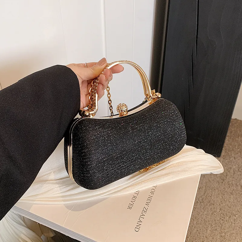 Women Evening Clutch Bag Glitter Sequin Handbag With Gold Metal Handle Rhinestone Ball Clasp Detachable Chain For Party Wedding