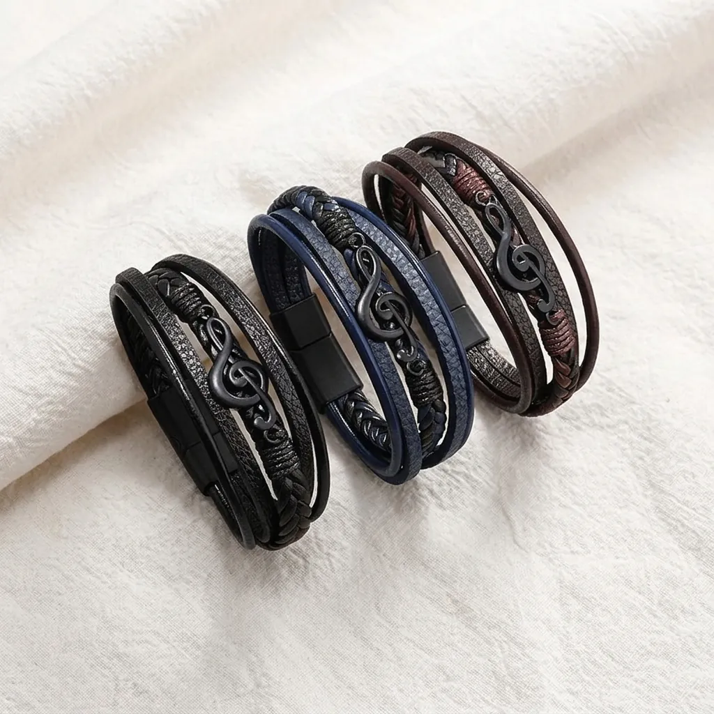 Men Leather Bracelet Multi Layer Braided Stainless Steel Music Note G-Clef Magnetic Buckle Vintage Punk Style Jewelry