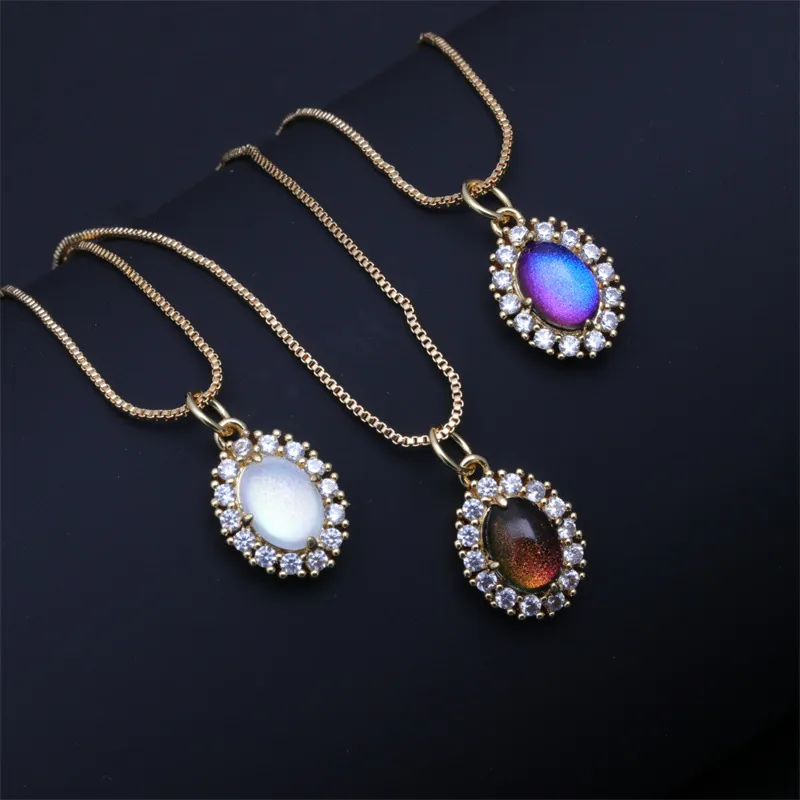 Ovalen Stemmingssteen Hanger Ketting Verguld Koper Met Microingelegde Zirkonia Kleurveranderende Choker Voor Dames