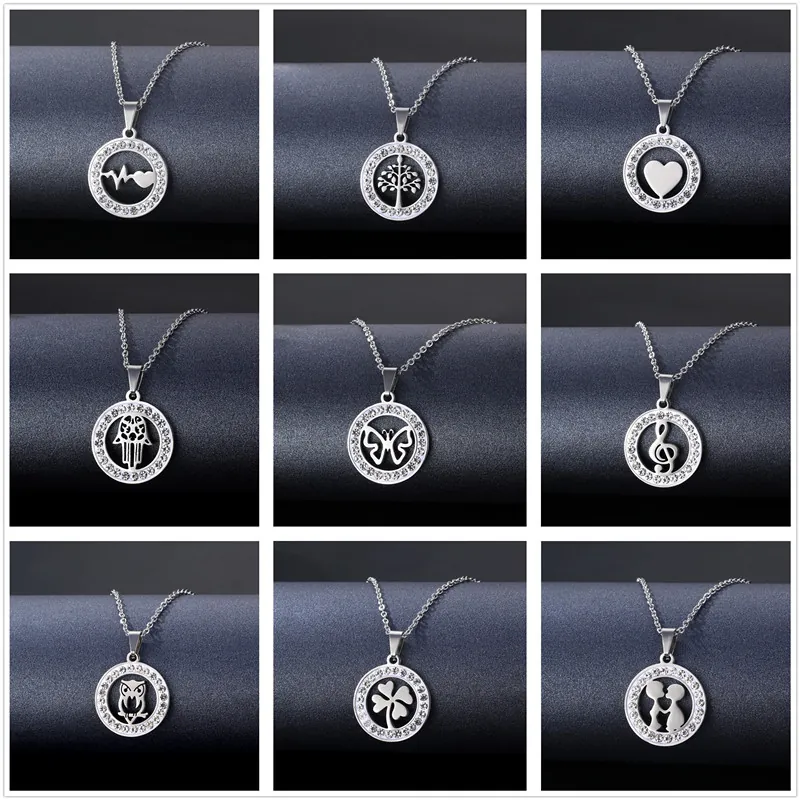 Stainless Steel Round Hollow Pendant Necklace Geometric Rhinestone Pave Fashion Clavicle Chain Jewelry For Women