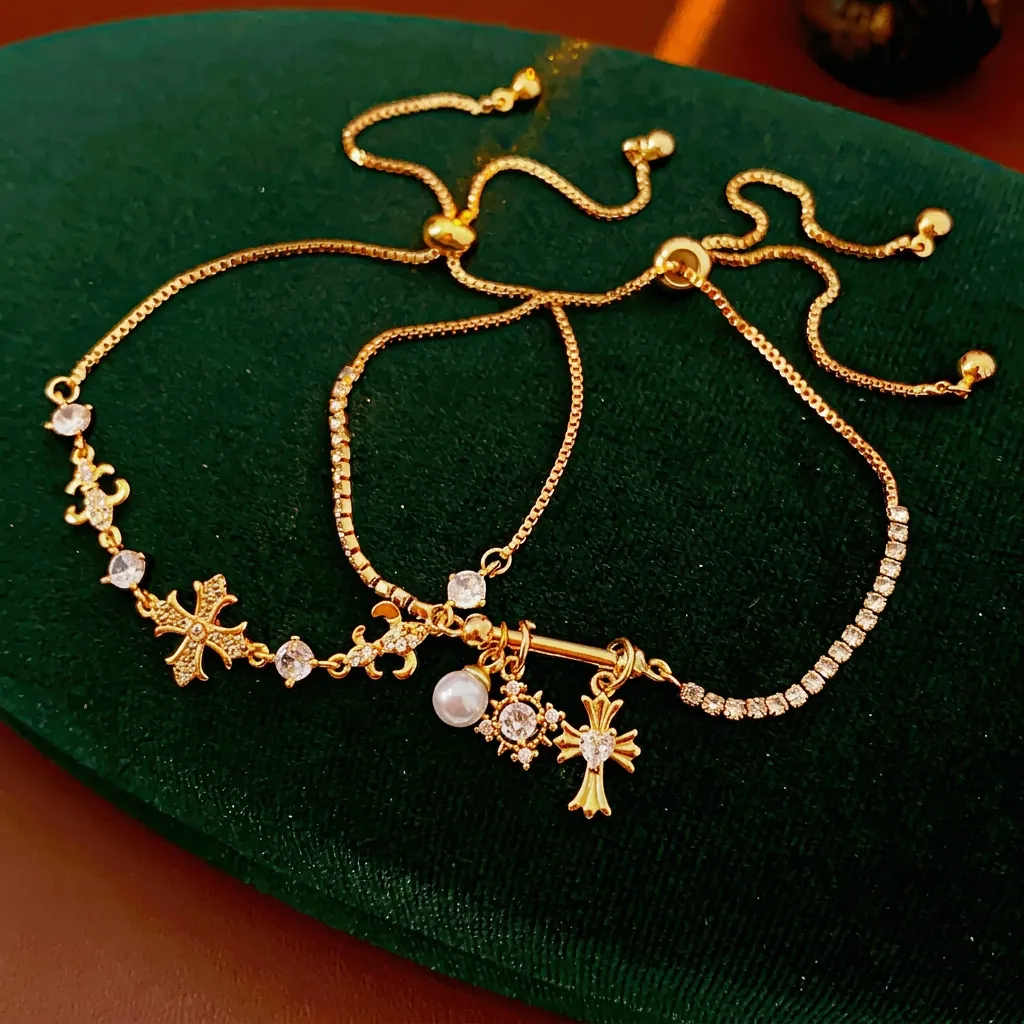 Bracelet En Cuivre Plaqué Or Élégant Avec Pendentifs Croix Étoile Künstliche Perle D'imitation Blanche Zircone Coulissant Réglable