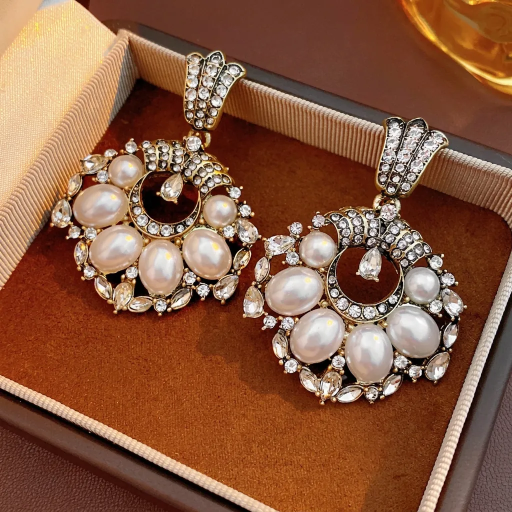 Boucles D'oreilles Pendantes Künstliche Perles Style Palais Vintage Avec Strass Bijoux En Alliage Et Tige En Argent Pour Femmes Luxe