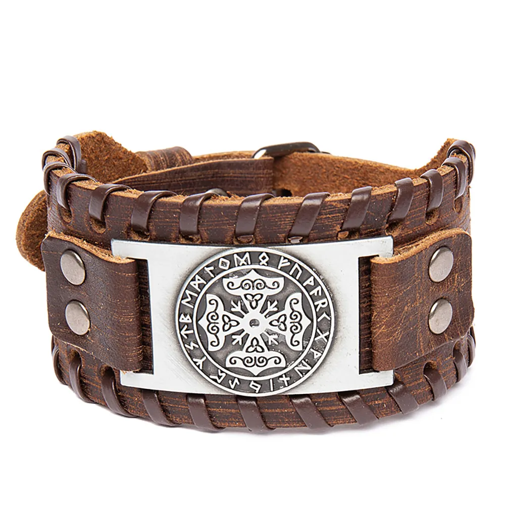 Bracelet Viking Homme En Cuir Alliage Rune Nordique Croix Celtique Large Manchette Tressée Rétro Réglable Bijoux