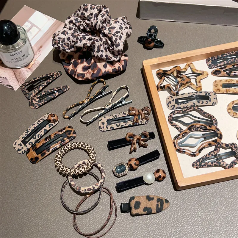 Leopard Print Hair Clips And Ties Korean Style Y2K Plush Fabric Resin Hair Accessories For Women Girls