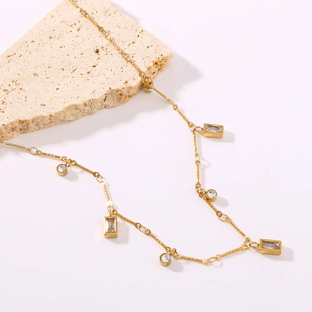 Collana Delicata In Acciaio Inossidabile Placcato Oro Pendenti Geometrici Rettangolari Tondi Zirconia Cubica Per Donna