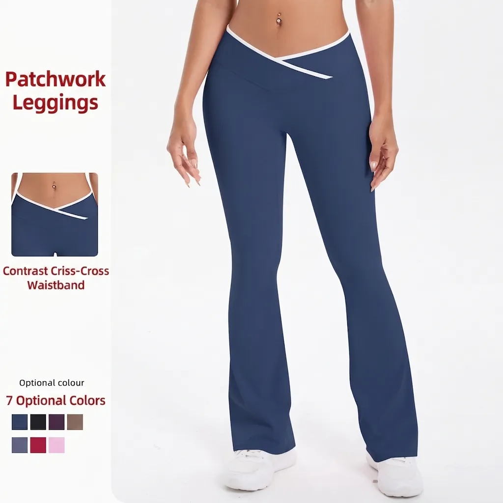 Women High Waist Crossover Flare Yoga Pants Naked Feeling Contrast Trim Tummy Control Butt Lifting Fitness Workout Leggings Bottom