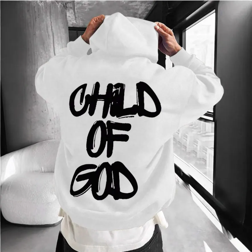 Men Hoodie Pullover Fleece Lined Long Sleeve Back Letter Print Child Of God Casual Streetwear Sweatshirt With Kangaroo Pocket