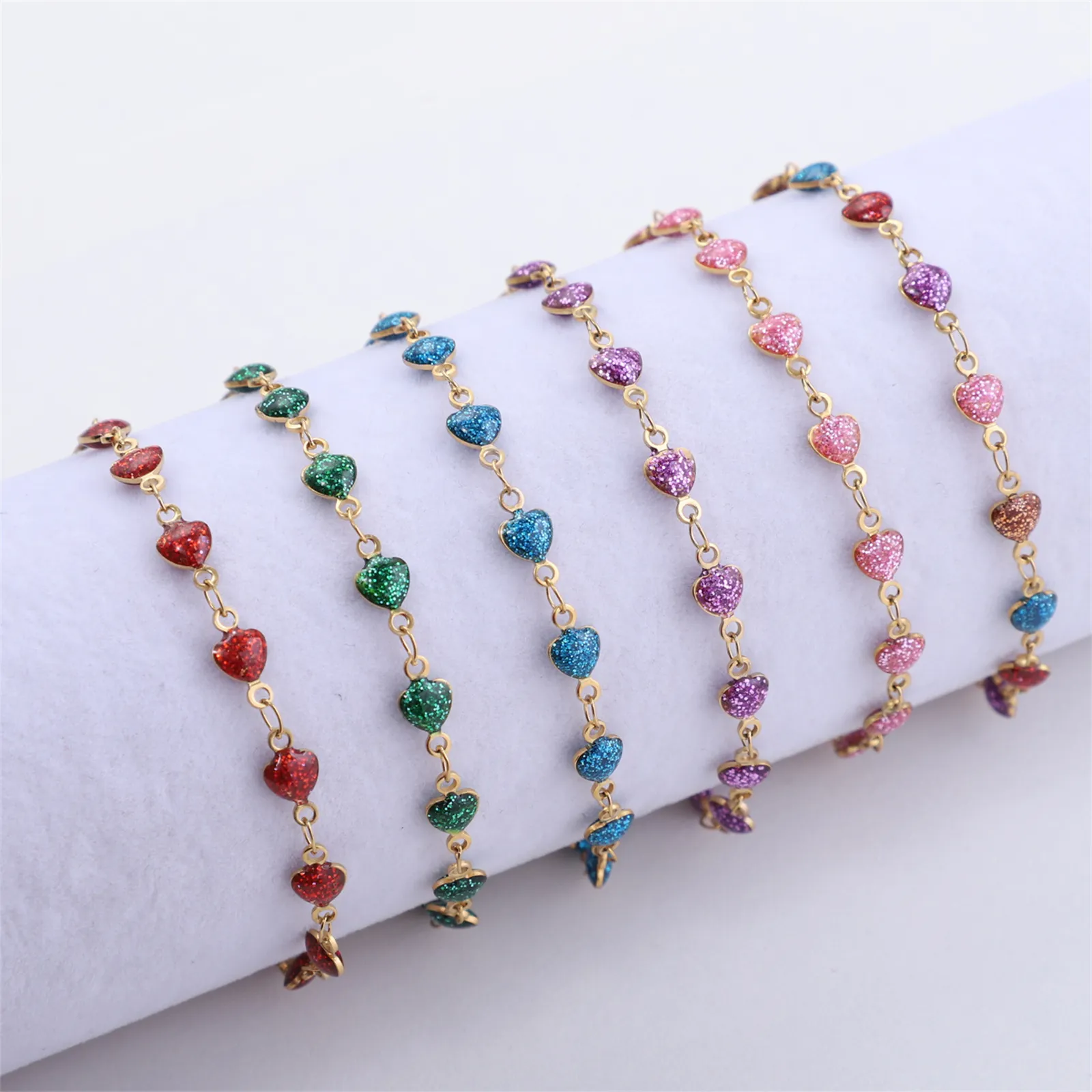 Stainless Steel Bracelet 18K Gold Plated Heart Charms Glitter Enamel Colorful Dainty Jewelry For Women