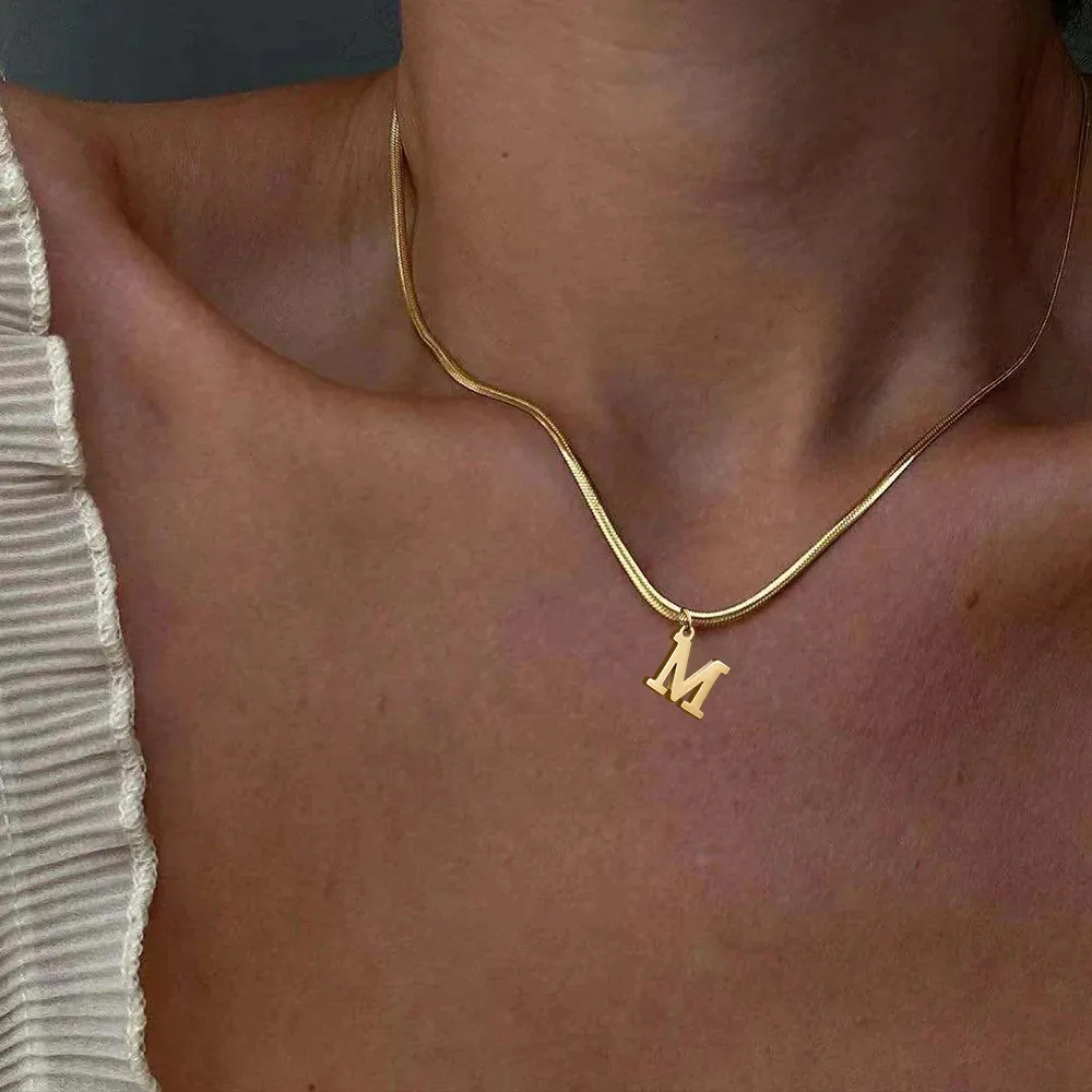 Minimalist Stainless Steel 26 Alphabet Initial Letter Pendant Necklace Gold Plated Snake Bone Chain Necklaces Women Fashion Jewelry Gift