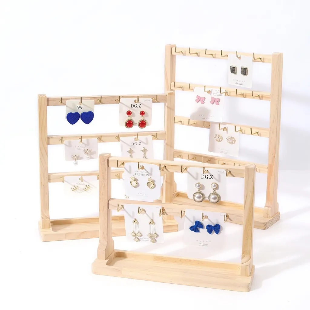Wooden Jewelry Display Stand Organizer Metal Hooks Bottom Tray Earrings Necklaces Bracelets Rings Storage Home Decor