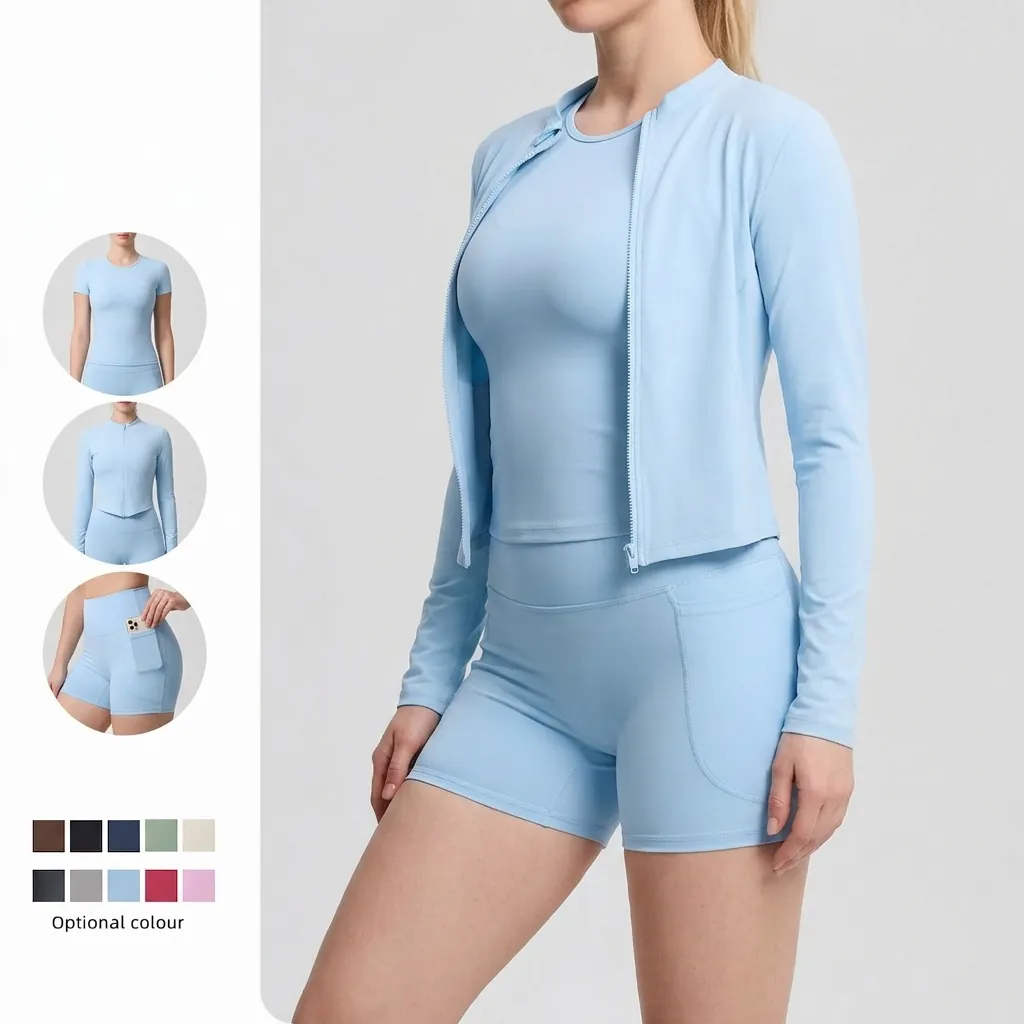 Tenue Yoga Musculation Femme Comprenant Veste Longue Fermeture Éclair Débardeur Ajusté Et Short Sport Taille Haute À Poches