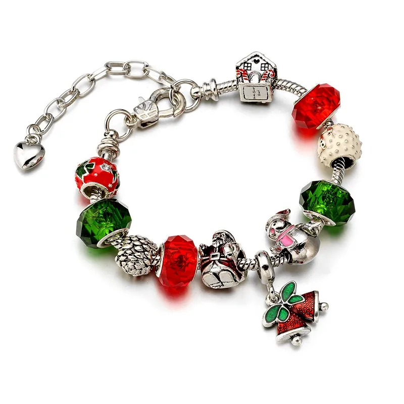 Bracelet De Charme Noël Père Noël Pendentif Cloche Alliage Cuivre Chaîne Serpent Perles Verre Bijoux Festifs Cadeau