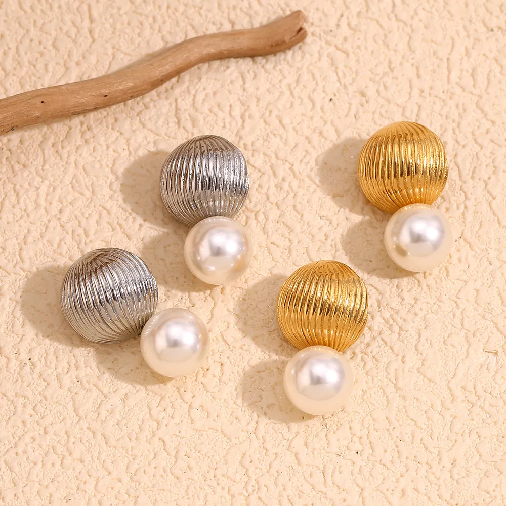 18K Gold Plated Stainless Steel Imitation Artificial Pearl Drop Stud Earrings For Women Retro French Spiral Texture Elegant Dangle Jewelry