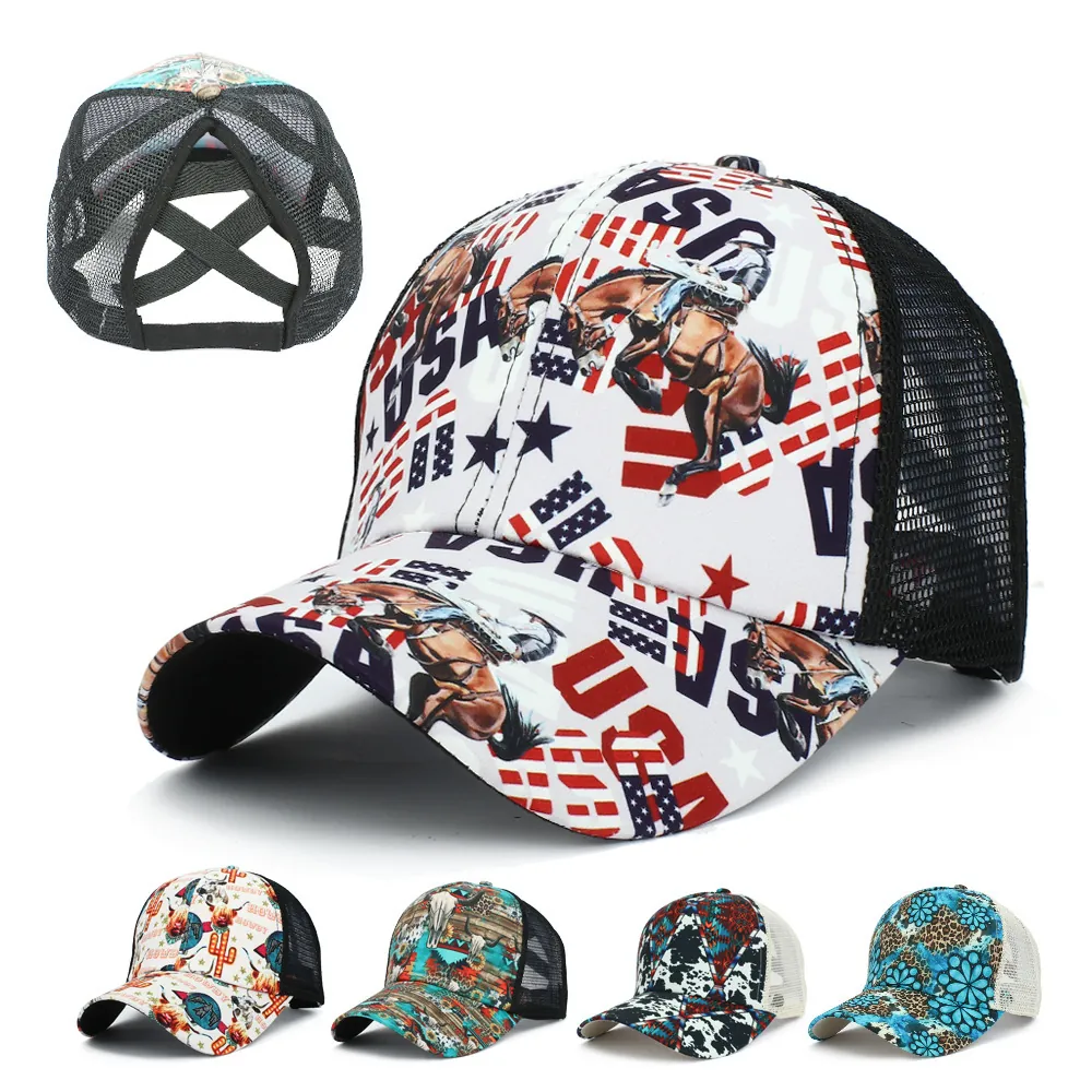 Women Ponytail Baseball Cap Mesh Trucker Hat Western Ethnic Print Breathable Sun Protection Outdoor Casual Headwear