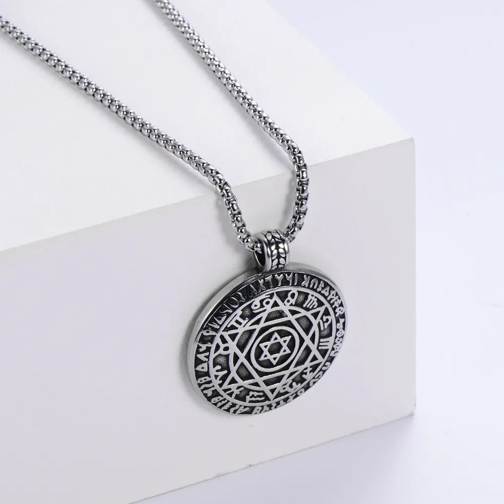 Round Hexagram Pendant Necklace 304 Stainless Steel Vintage Carved Solomon Seal Star Of David Punk Style For Men