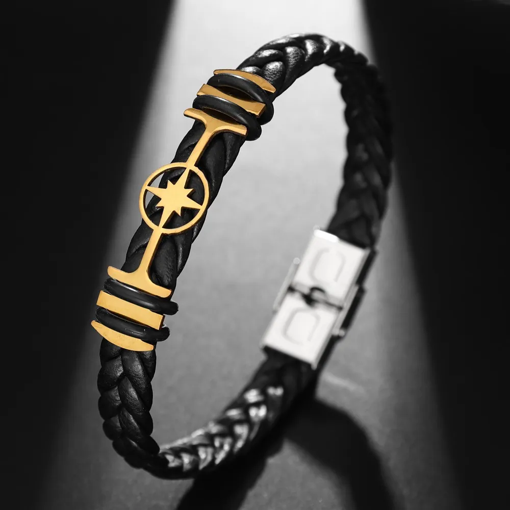 Men Woven Leather Bracelet With Stainless Steel Metal Charms Punk Vintage Jewelry Multi Pattern Style