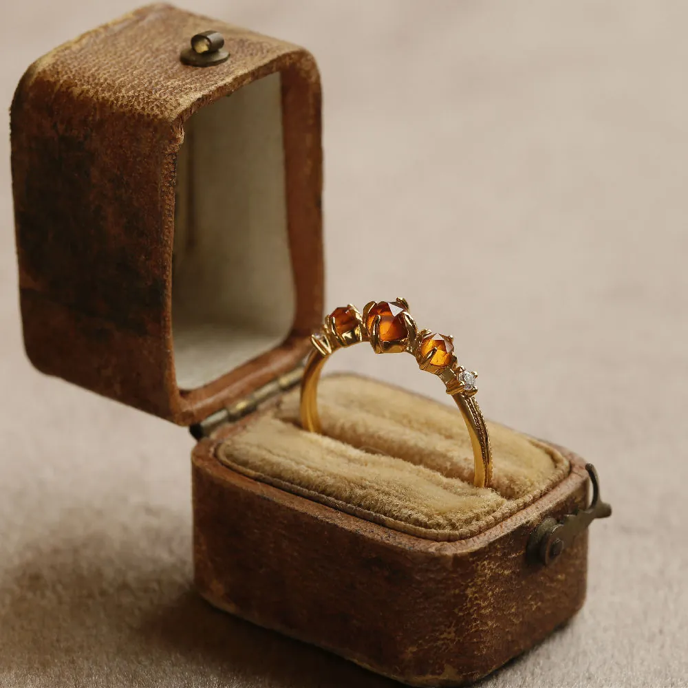 Vintage Copper Ring With Orange Gemstones And White Zircons Adjustable Retro Gold Plated Finger Jewelry For Women