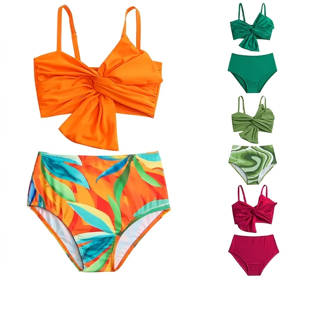 Maillot De Bain Fille Enfants Haut De Bikini En Nylon Et Bas Taille Haute Noeud Papillon Plage Piscine Vacances