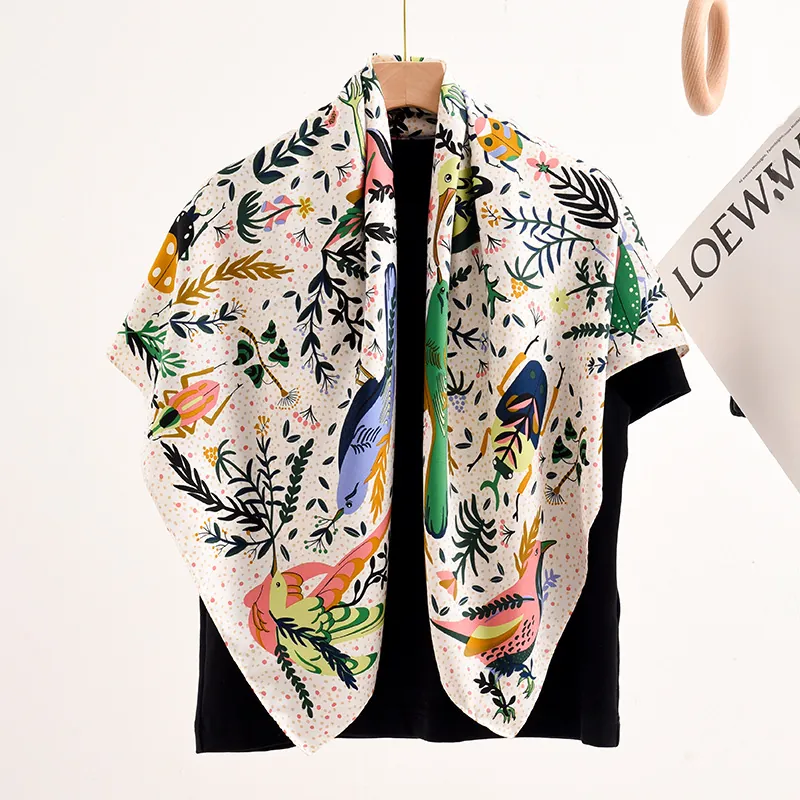 Damen Elegant Wald Stil Vogel Blumen Druck Satin Gefühl Großer Quadratischer Schal Leicht Polyester Dekorativer Schal