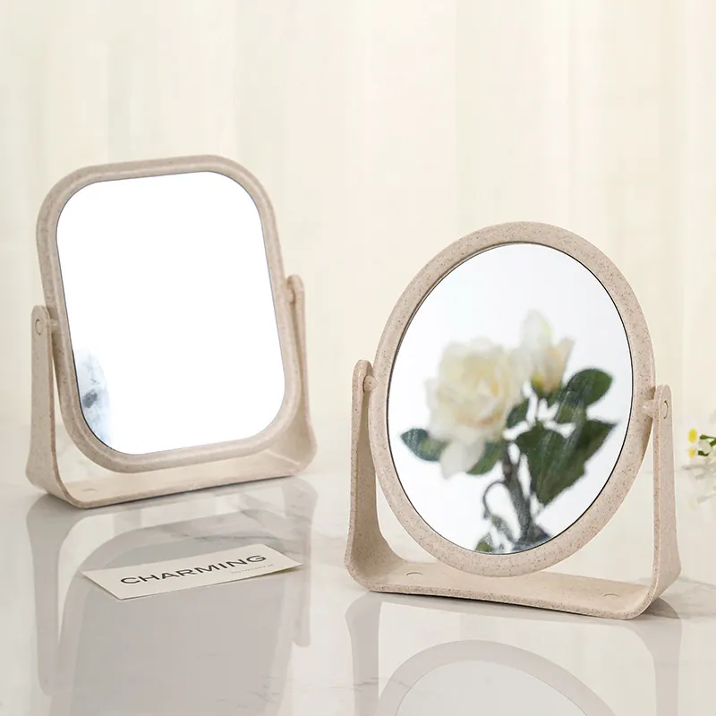 Desktop Makeup Mirror Wheat Straw Dual Sided HD Rotatable Vanity Mirror For Dressing Table Bathroom Minimalist Style