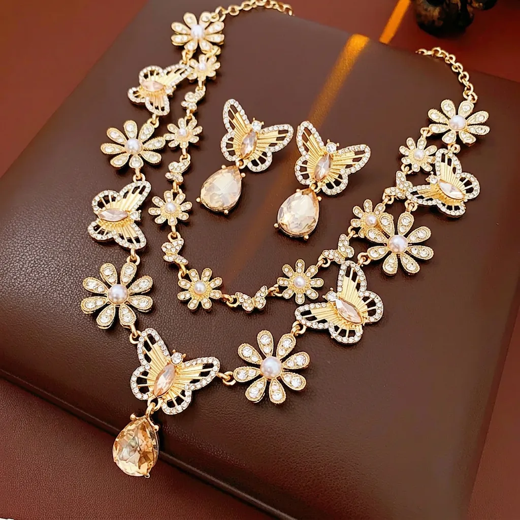 Parure Bijoux Vintage Papillon Fleur Alliage Strass Imitation Künstliche Perle Collier Et Boucles D'oreilles Avec Tige En Argent