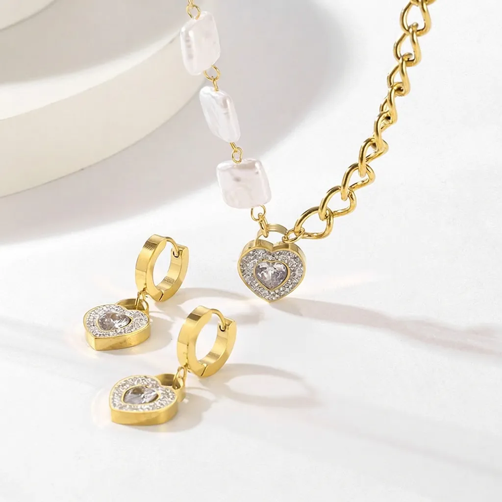 Ensemble De Bijoux Pendentif Coeur Acier Inoxydable Strass Künstliche Perle Fantaisie Collier Boucles D'oreilles Mode Femmes