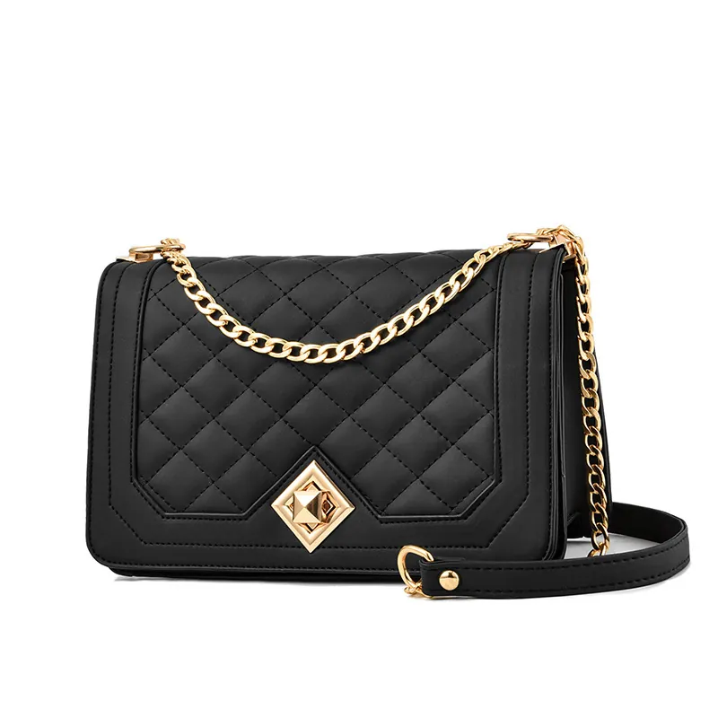 Women Quilted Shoulder Bag PU Leather Golden Chain Crossbody Bag Geometric Twist Lock Elegant Classic Fashionable
