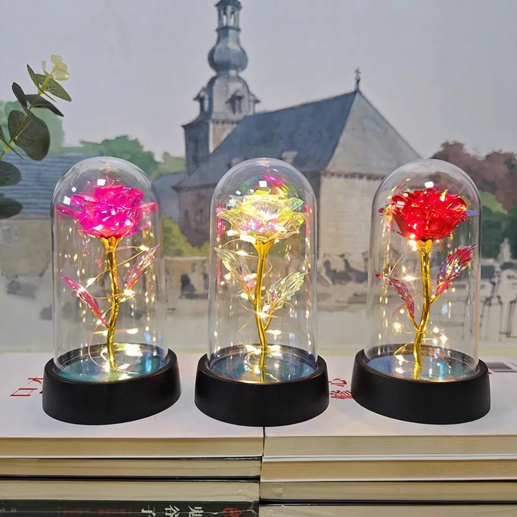 Galaxy Rose In Dome With LED Light String Gold Foil Artificial Flower Romantic Valentine Gift Home Decor Ornament