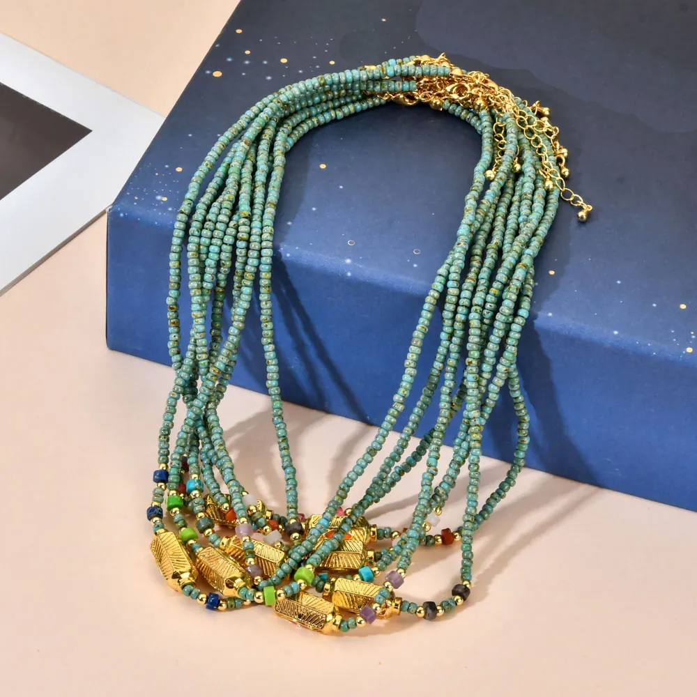 Bohemian Vintage Turquoise Beaded Necklace With Gold Plated Metal Evil Eye Pendant Handmade Ethnic Style Jewelry For Women
