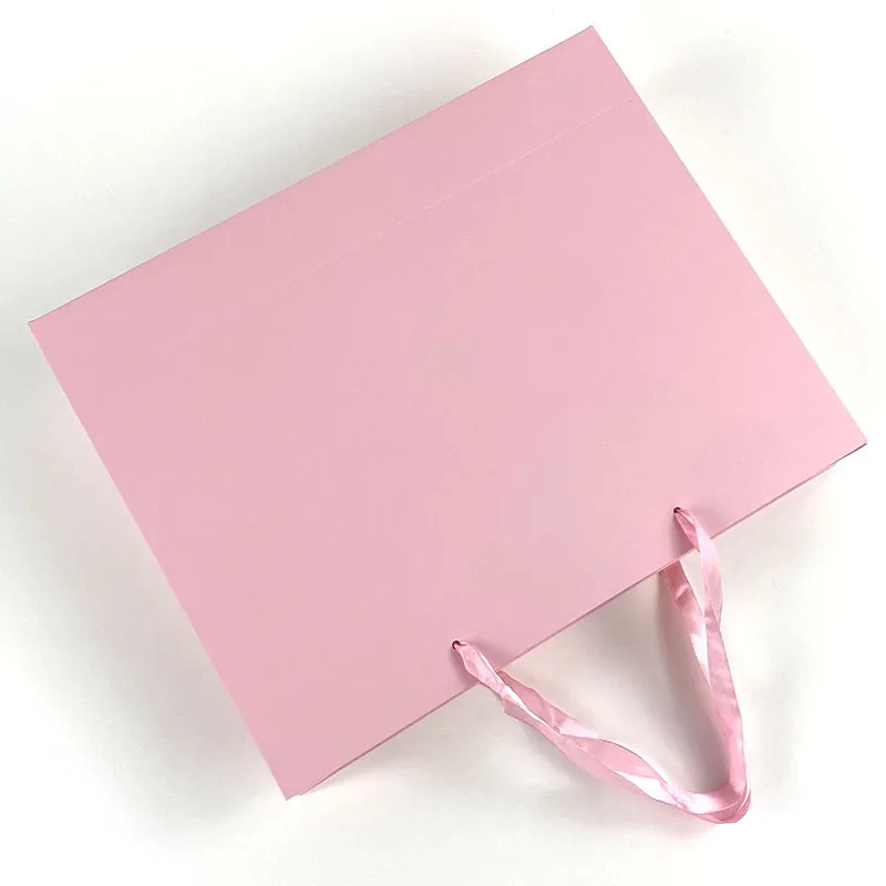 Pink Paper Gift Bag White Cardboard With Ribbon For Wedding Party Boutique Packaging Elegant Portable Tote
