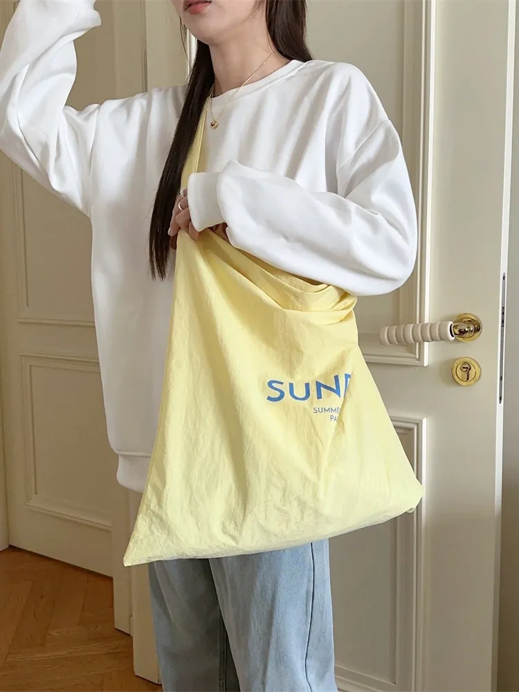 Women Large Capacity Shoulder Tote Bag Polyester Letter Print Casual Street Style Shopping Handbag Commuter Solid Color