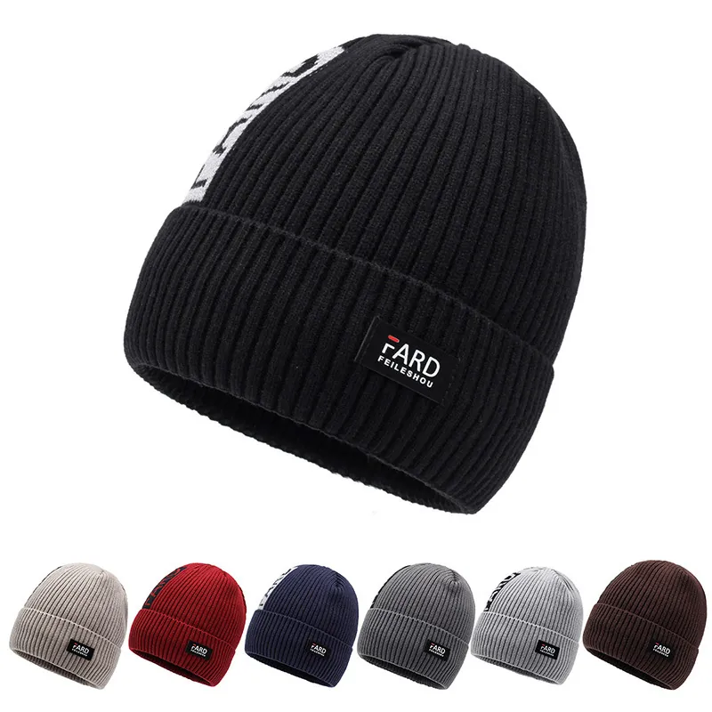 Men Winter Knitted Beanie Hat Thickened Fleece Lined Warm Windproof Ribbed Cuff Skull Cap With Letter Patch