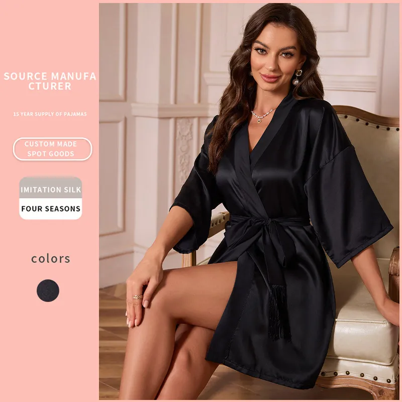 Women Imitation Satin Satin Robe Mid Length Kimono Nightgown With Tassel Waist Tie Sexy Lightweight Sleepwear
