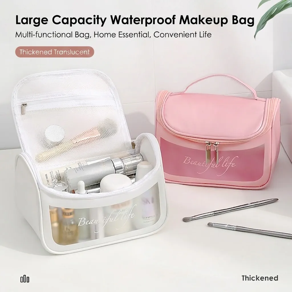 Large Capacity Cosmetic Bag Waterproof PVC PU Travel Wash Bag Transparent Window Portable Handle Makeup Organizer Pouch