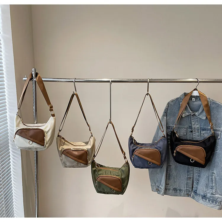 Women Hobo Shoulder Crossbody Bag Nylon Fabric PU Patchwork Color Block Large Capacity Casual Commuting Dumpling Shape
