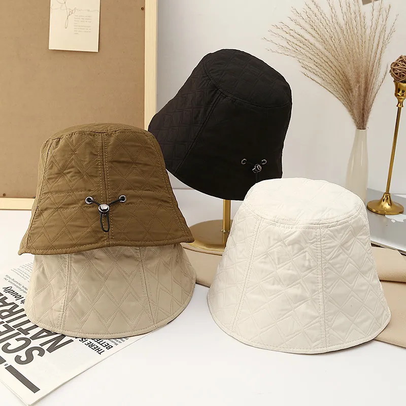 Women Bucket Hat Quilted Diamond Lattice Autumn Winter Warm Windproof Adjustable Drawstring Fisherman Cap