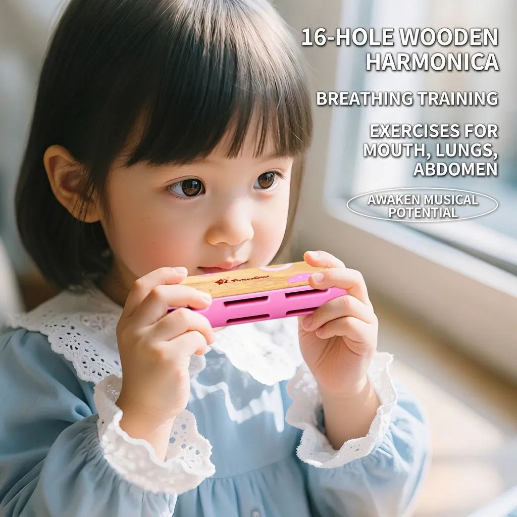 Kids Harmonica Musical Instrument Toy Educational Beginner Tremolo Cartoon Beech Wood ABS For Children Learning Gift
