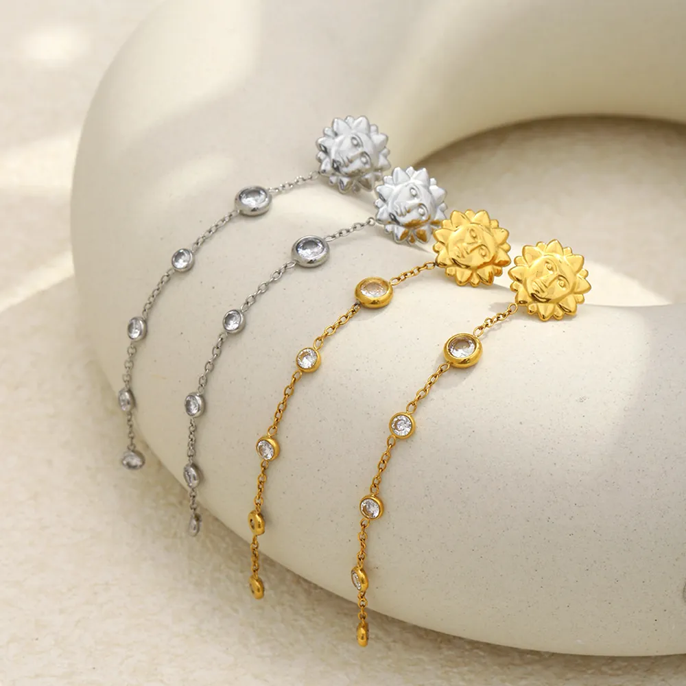 Boucles D'oreilles Longues À Pampilles Soleil Acier Inoxydable Plqué Or 18 Carats Avec Zircon Rond Pour Femme Bijoux Minimalistes