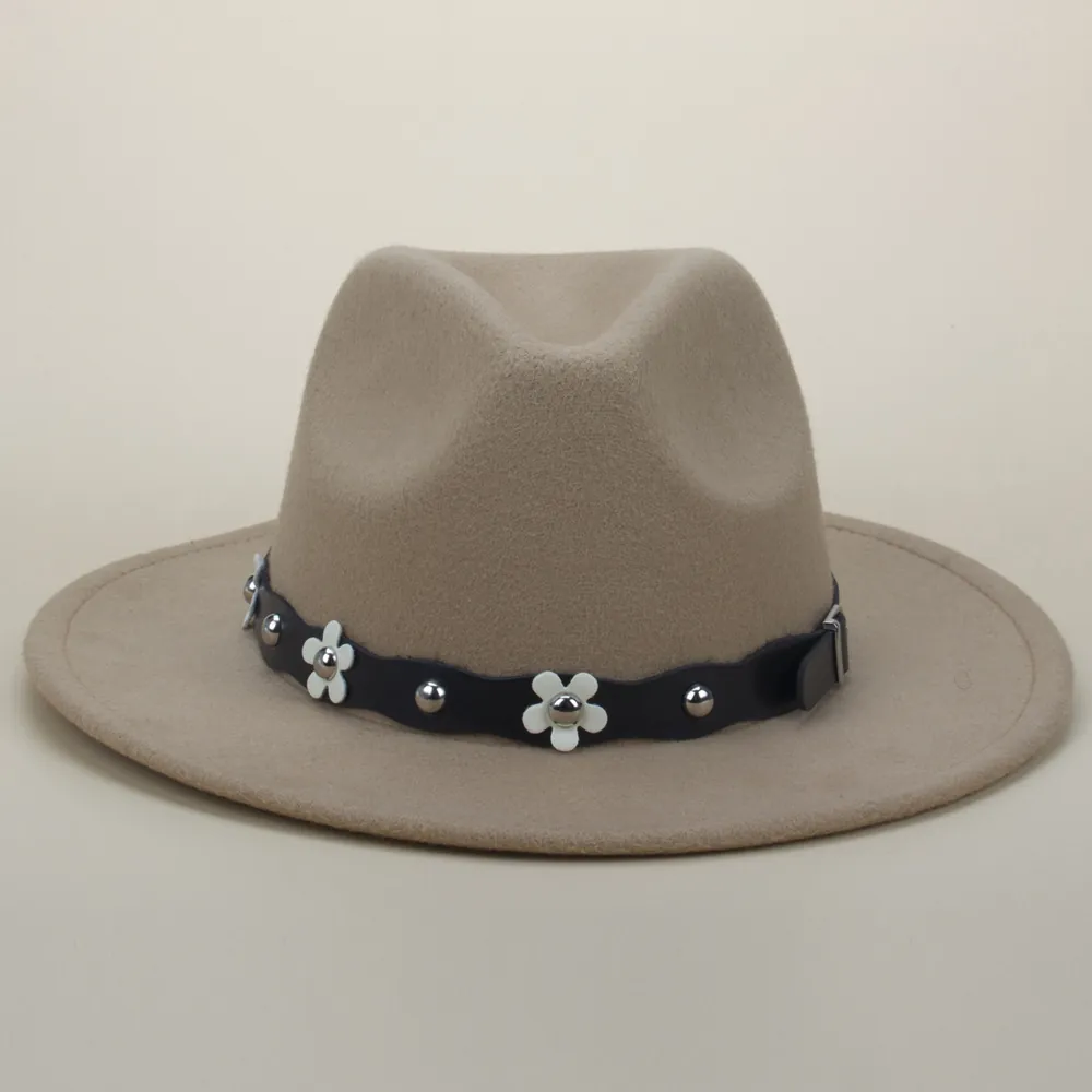 Fedora Hat Woolen Felt Wide Brim White Flower Petal Metal Rivet Decorative Leather Band Retro British Style Accessory