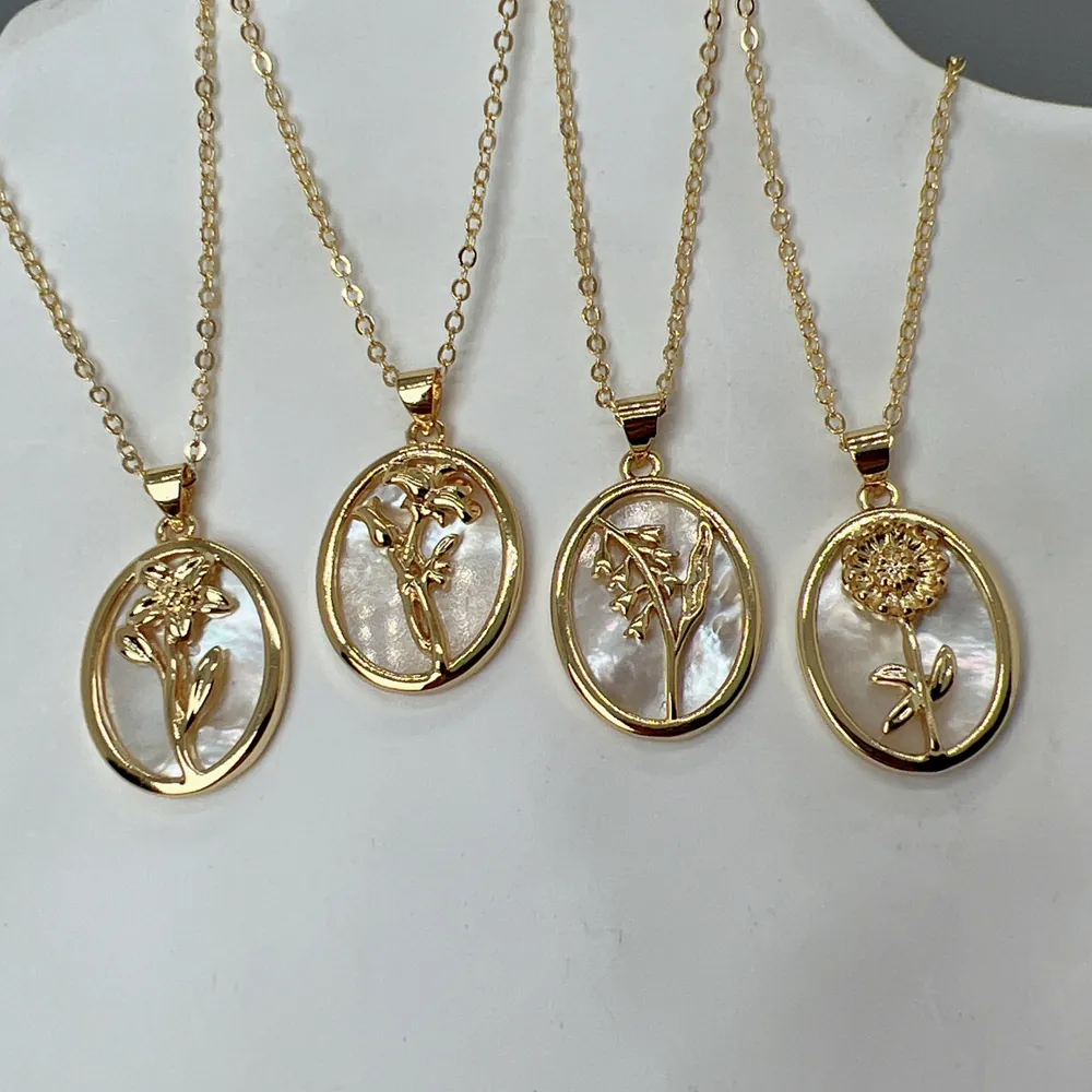 Oval Flower Pendant Necklace Copper 18K Gold Plated With Mother Of Artificial Pearl Shell Sunflower Relief Jewelry For Women