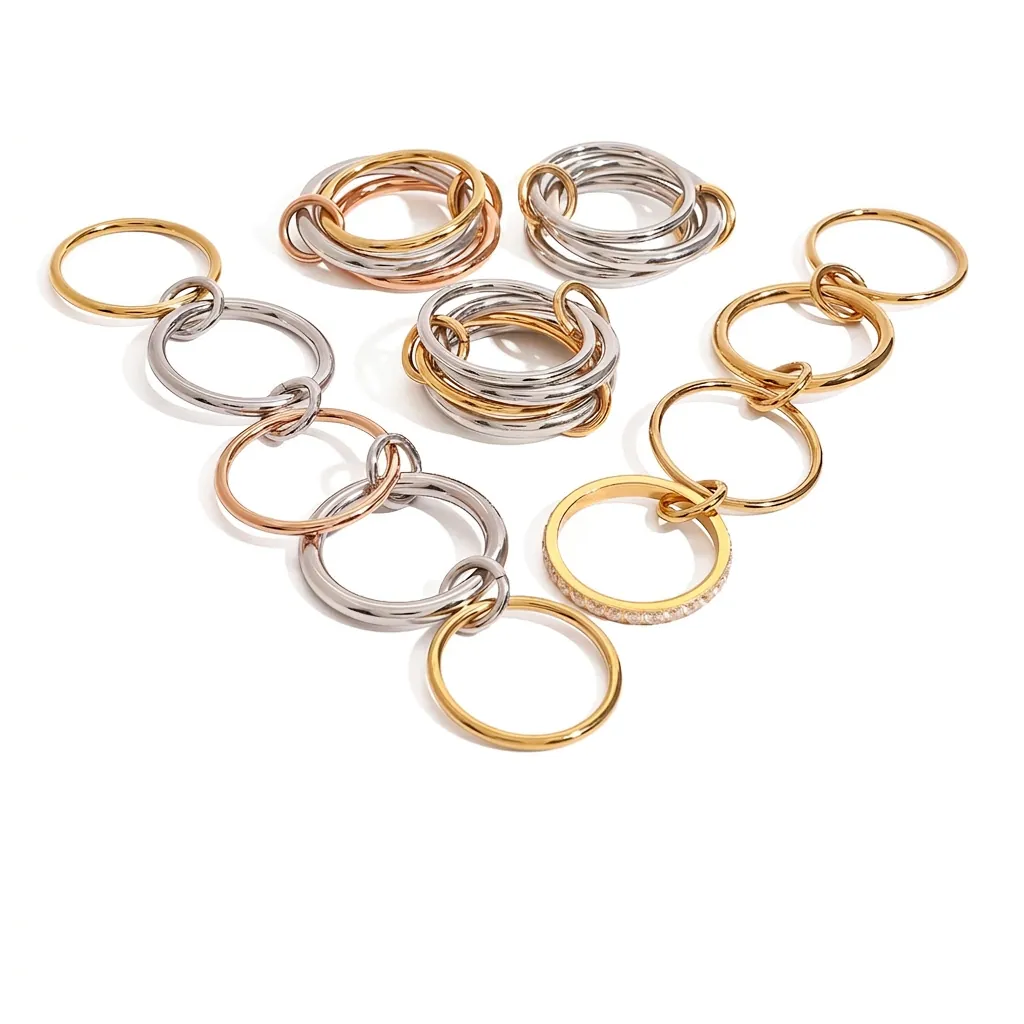 Stainless Steel Stackable Rings For Women Interlocking Chain Design Waterproof Hypoallergenic Fashion Jewelry CZ Inlaid