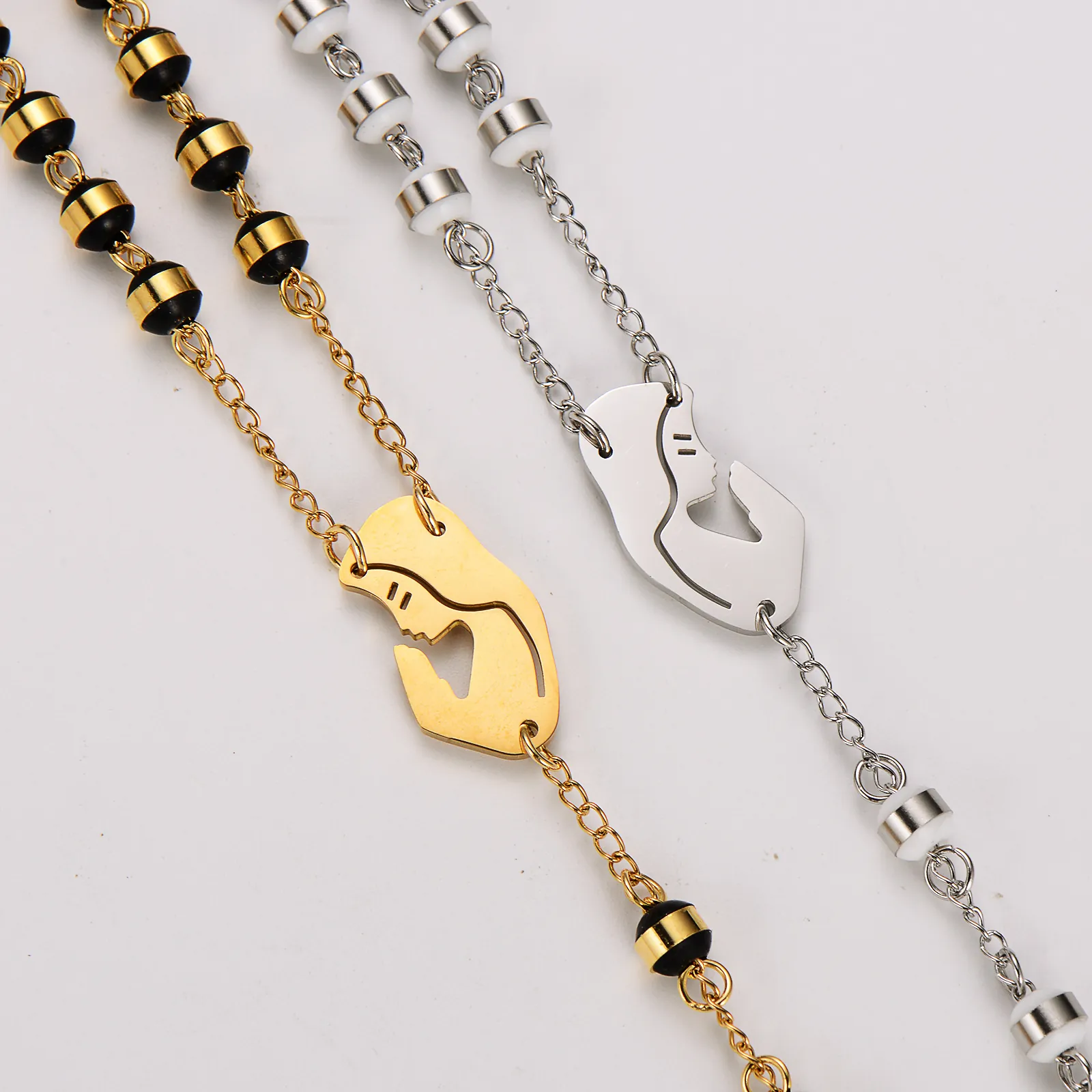 Stainless Steel Rosary Necklace Virgin Mary Crucifix Cross Pendant Religious Prayer Jewelry For Men Women