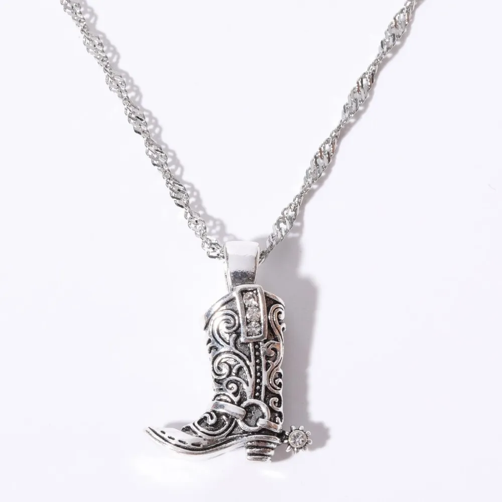 Westliche Cowboystiefel Anhänger Halskette Messing Gold Silber Plattiert Strass Graviert Retro Cowgirl Schmuck Geschenk Damen