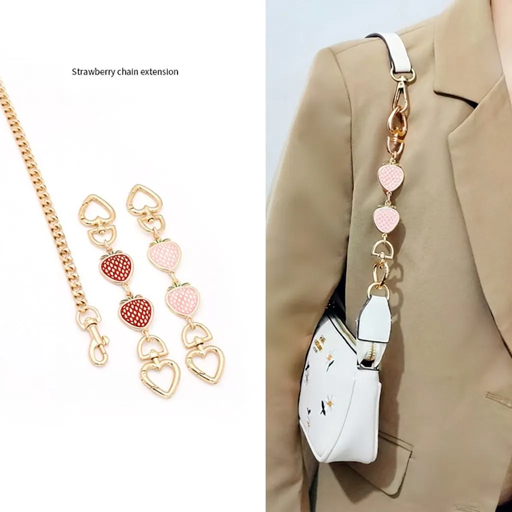 Handbag Extension Chain Strawberry Enamel Charm Heart Clasp Metal Shoulder Strap Accessory For Women