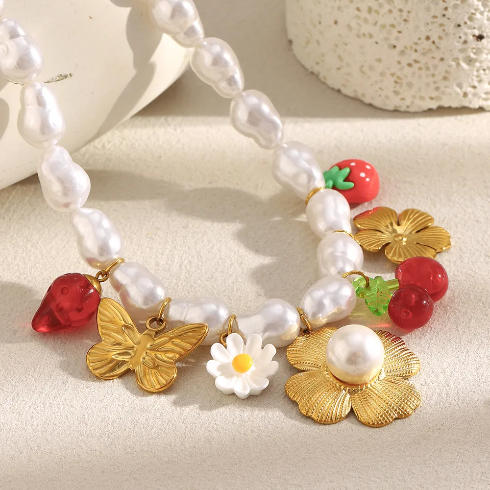 Baroque Imitation Artificial Pearl Necklace Stainless Steel 18K Gold Plated Butterfly Flower Fruit Charms Sweet Fashion For Women